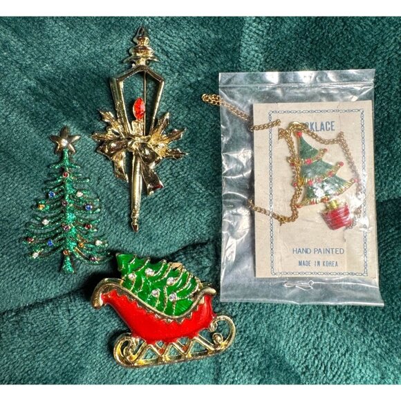 Fashion Christmas Jewelry Set: Hand-Painted Brooches & Necklace Lot of 4 - Picture 1 of 1